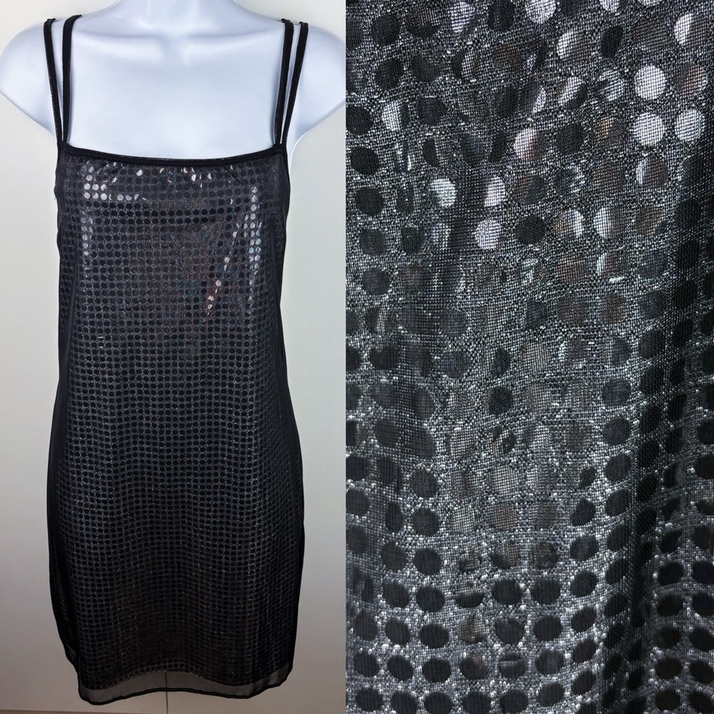 Y2K Silver Metallic Sparkly Sequin Black Mesh Mini Cocktail Hoco Party Dress NEW